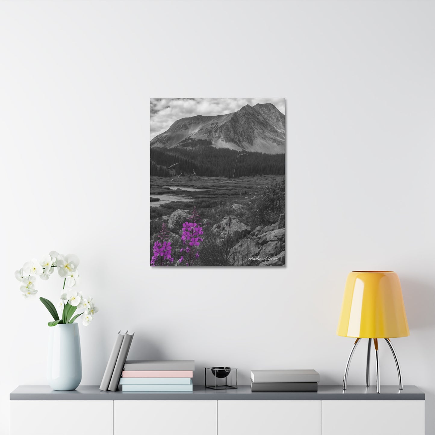 Stretched Canvas Wall Art - Majestic Mountain Landscape with Purple Flowers