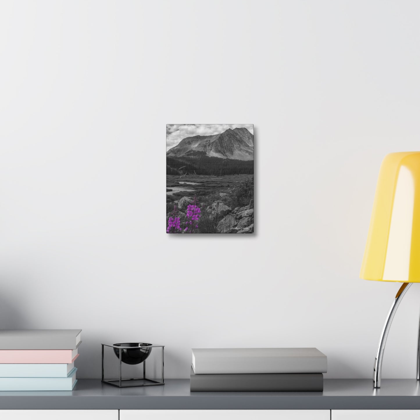 Stretched Canvas Wall Art - Majestic Mountain Landscape with Purple Flowers