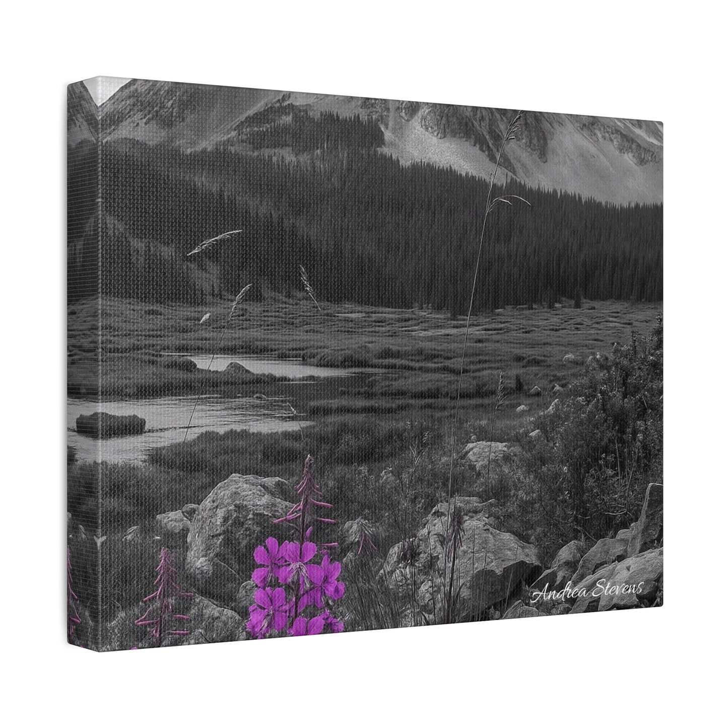 Stretched Canvas Wall Art - Majestic Mountain Landscape with Purple Flowers