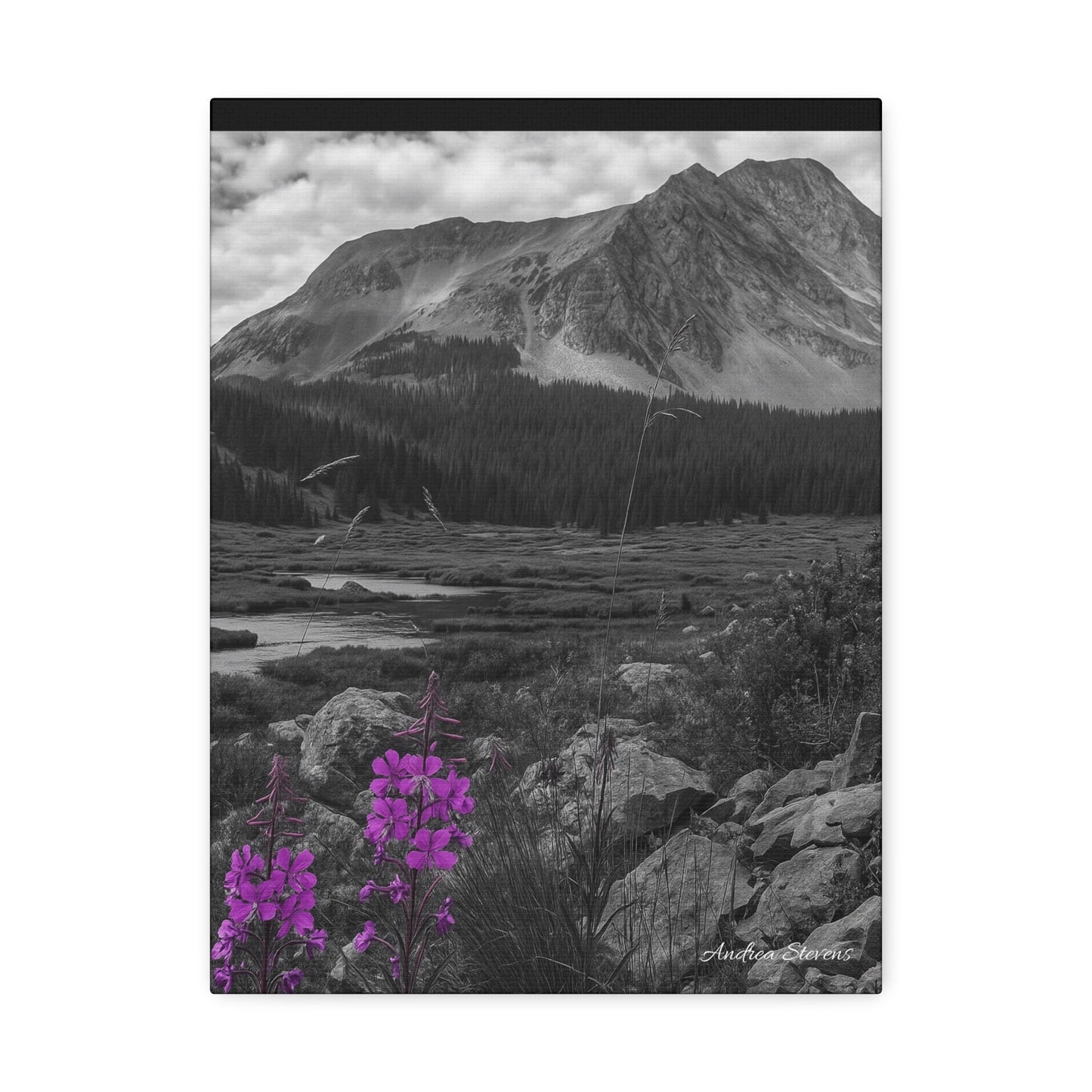 Stretched Canvas Wall Art - Majestic Mountain Landscape with Purple Flowers
