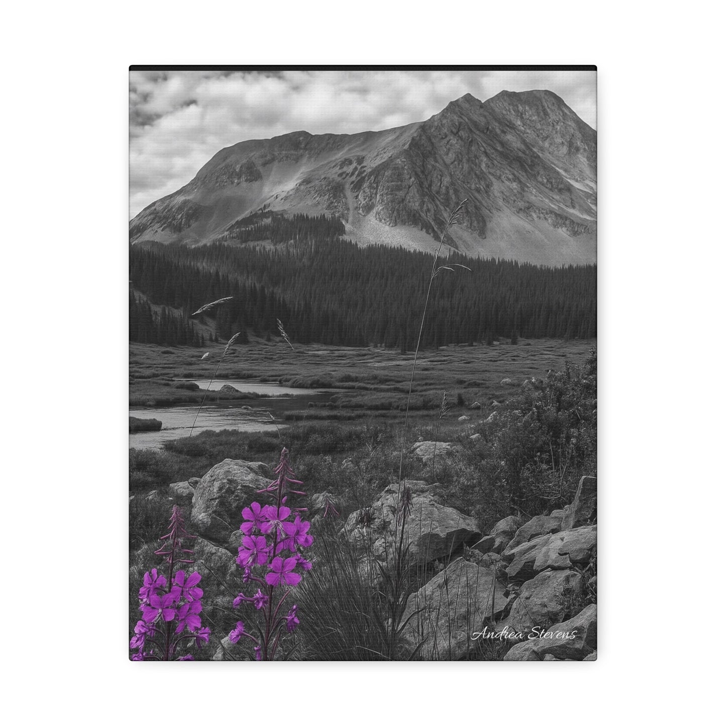 Stretched Canvas Wall Art - Majestic Mountain Landscape with Purple Flowers