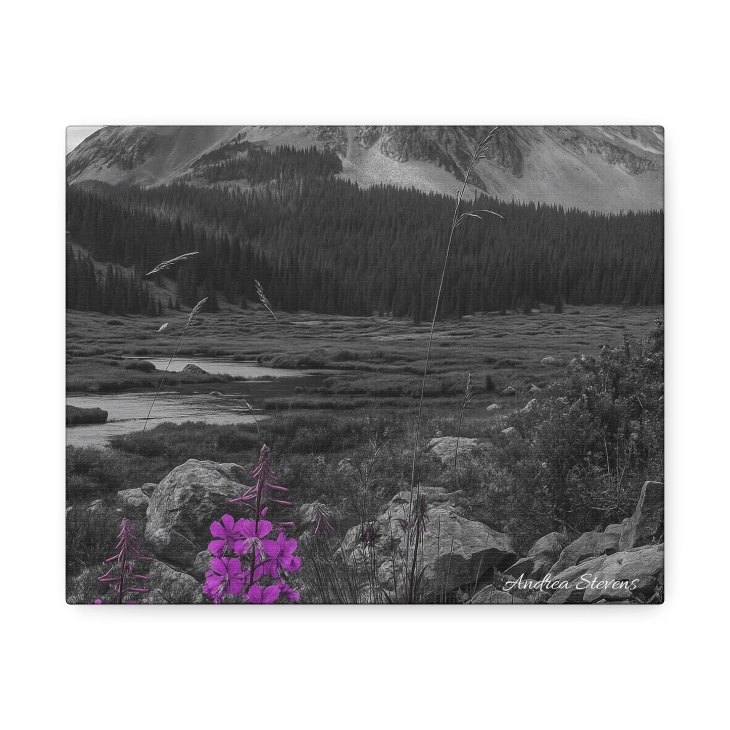 Stretched Canvas Wall Art - Majestic Mountain Landscape with Purple Flowers
