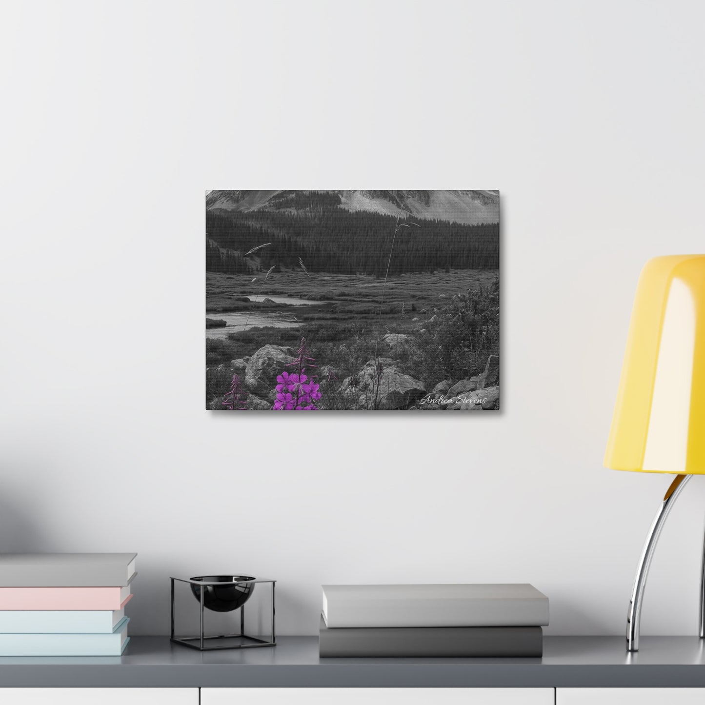 Stretched Canvas Wall Art - Majestic Mountain Landscape with Purple Flowers