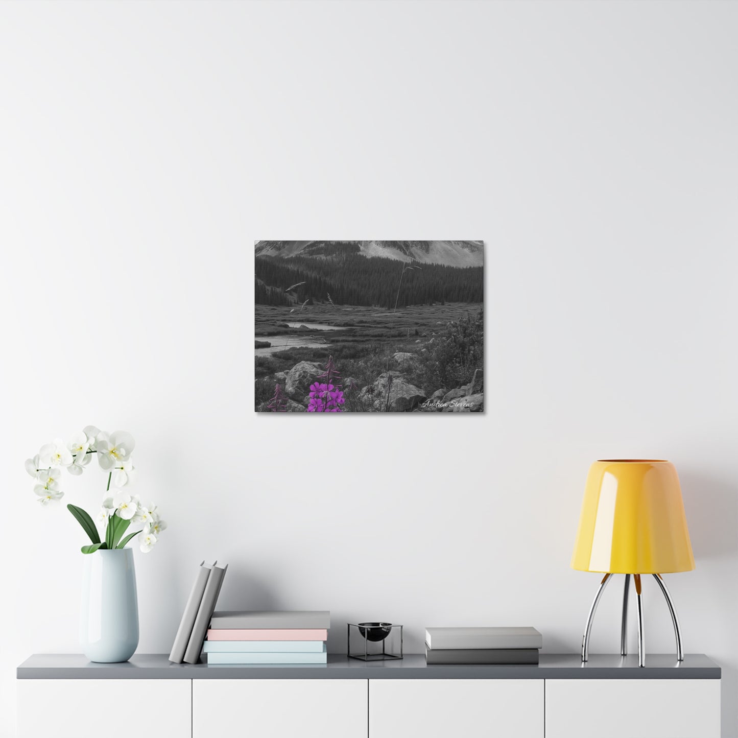 Stretched Canvas Wall Art - Majestic Mountain Landscape with Purple Flowers