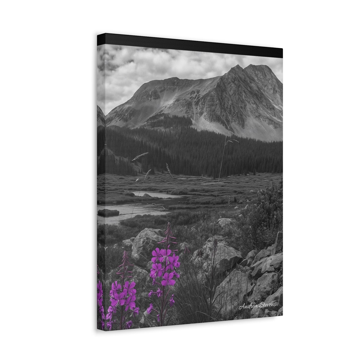 Stretched Canvas Wall Art - Majestic Mountain Landscape with Purple Flowers