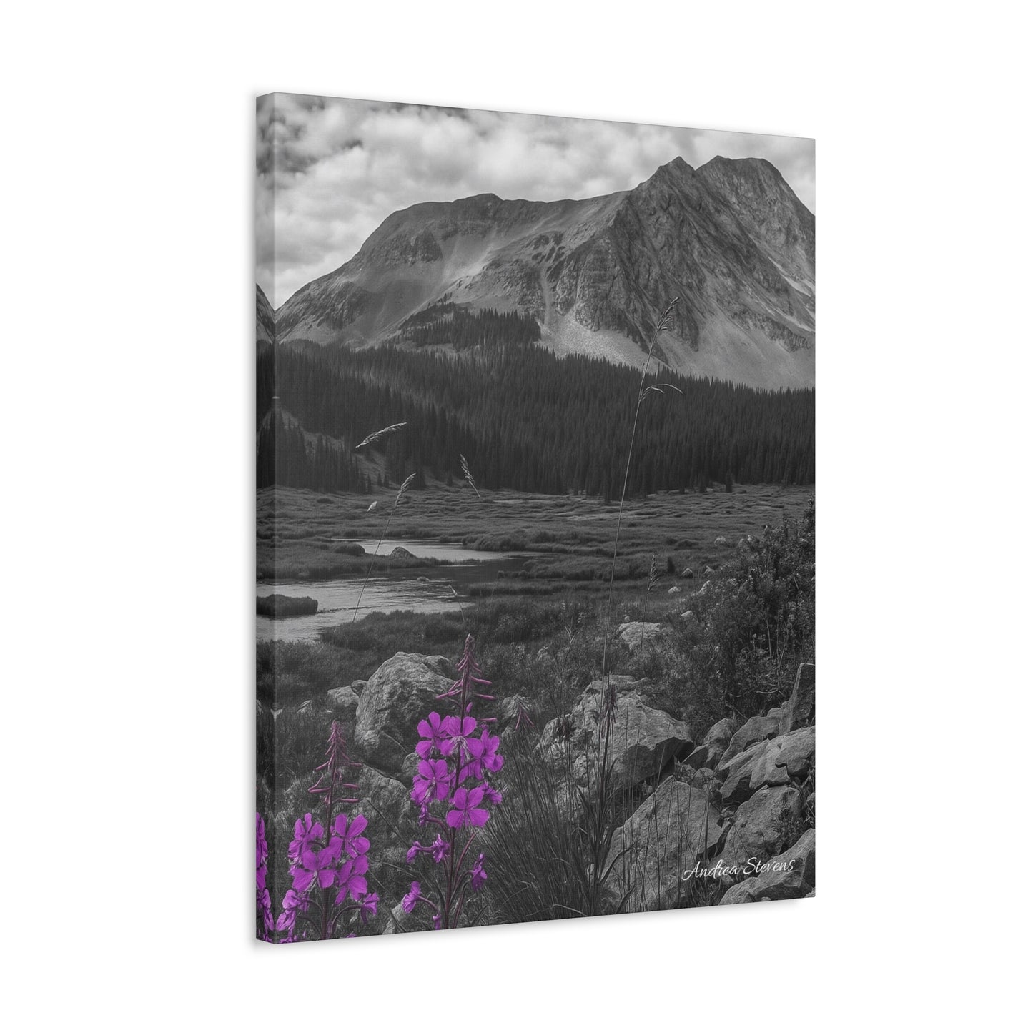 Stretched Canvas Wall Art - Majestic Mountain Landscape with Purple Flowers