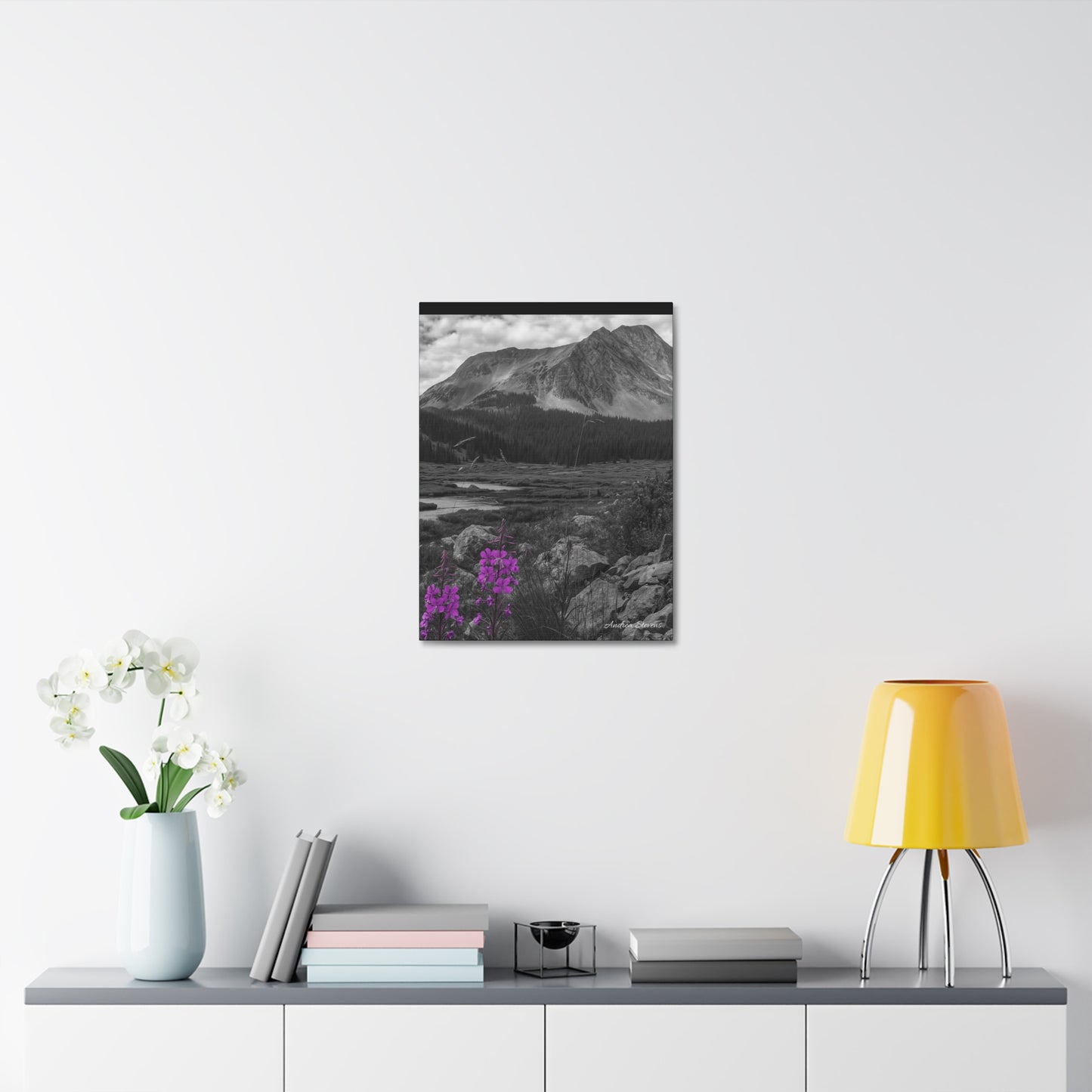 Stretched Canvas Wall Art - Majestic Mountain Landscape with Purple Flowers