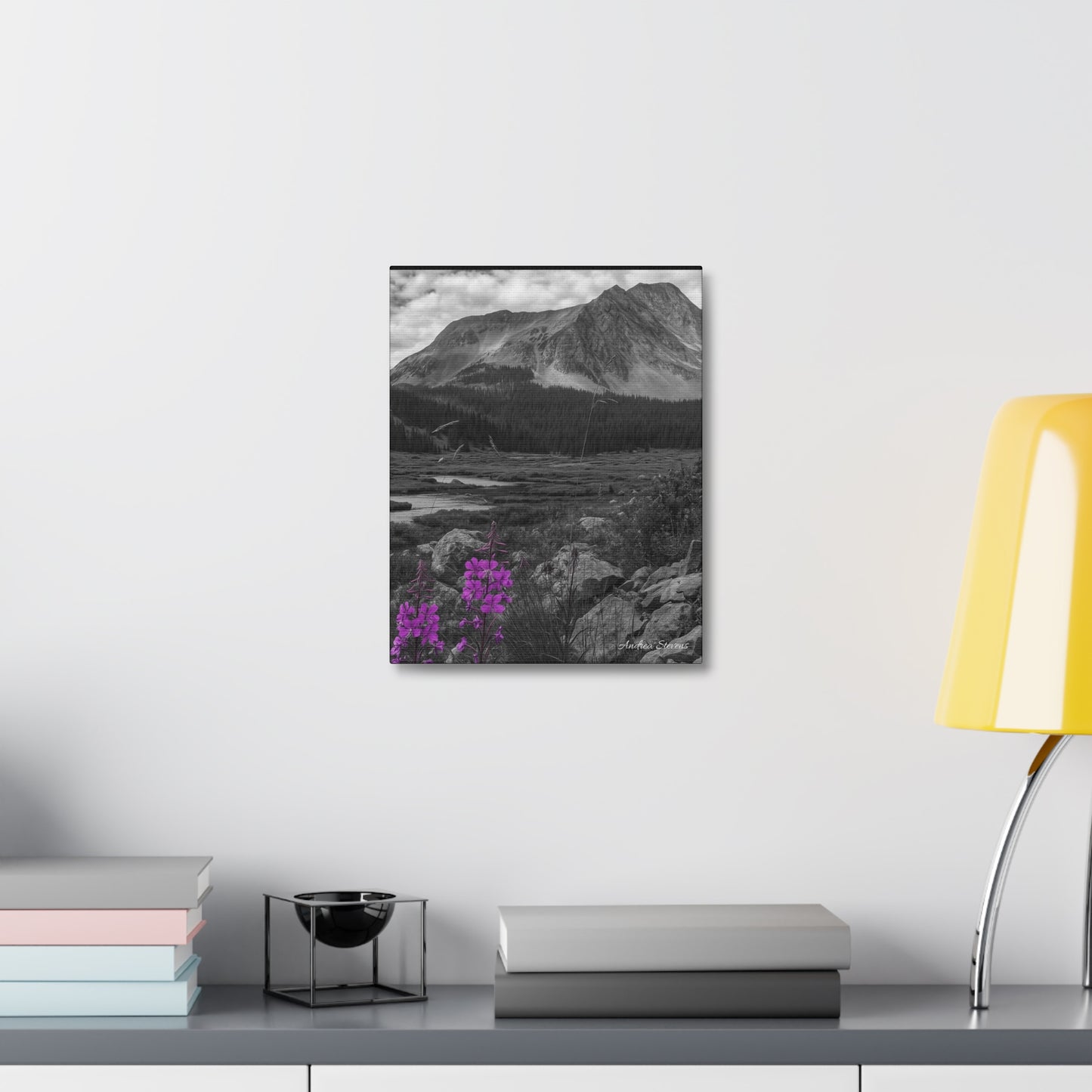 Stretched Canvas Wall Art - Majestic Mountain Landscape with Purple Flowers