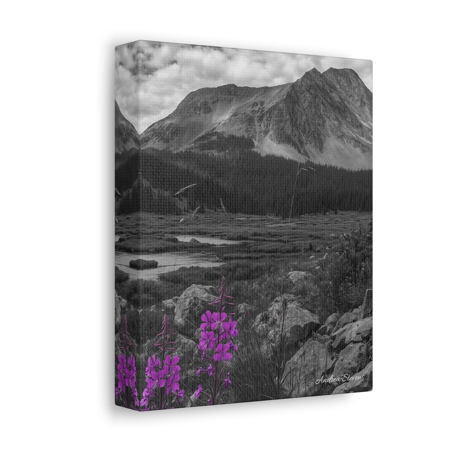 Stretched Canvas Wall Art - Majestic Mountain Landscape with Purple Flowers