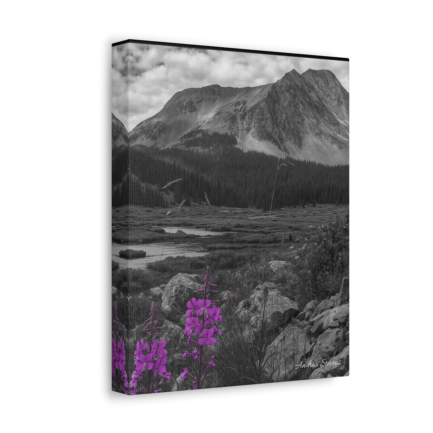 Stretched Canvas Wall Art - Majestic Mountain Landscape with Purple Flowers