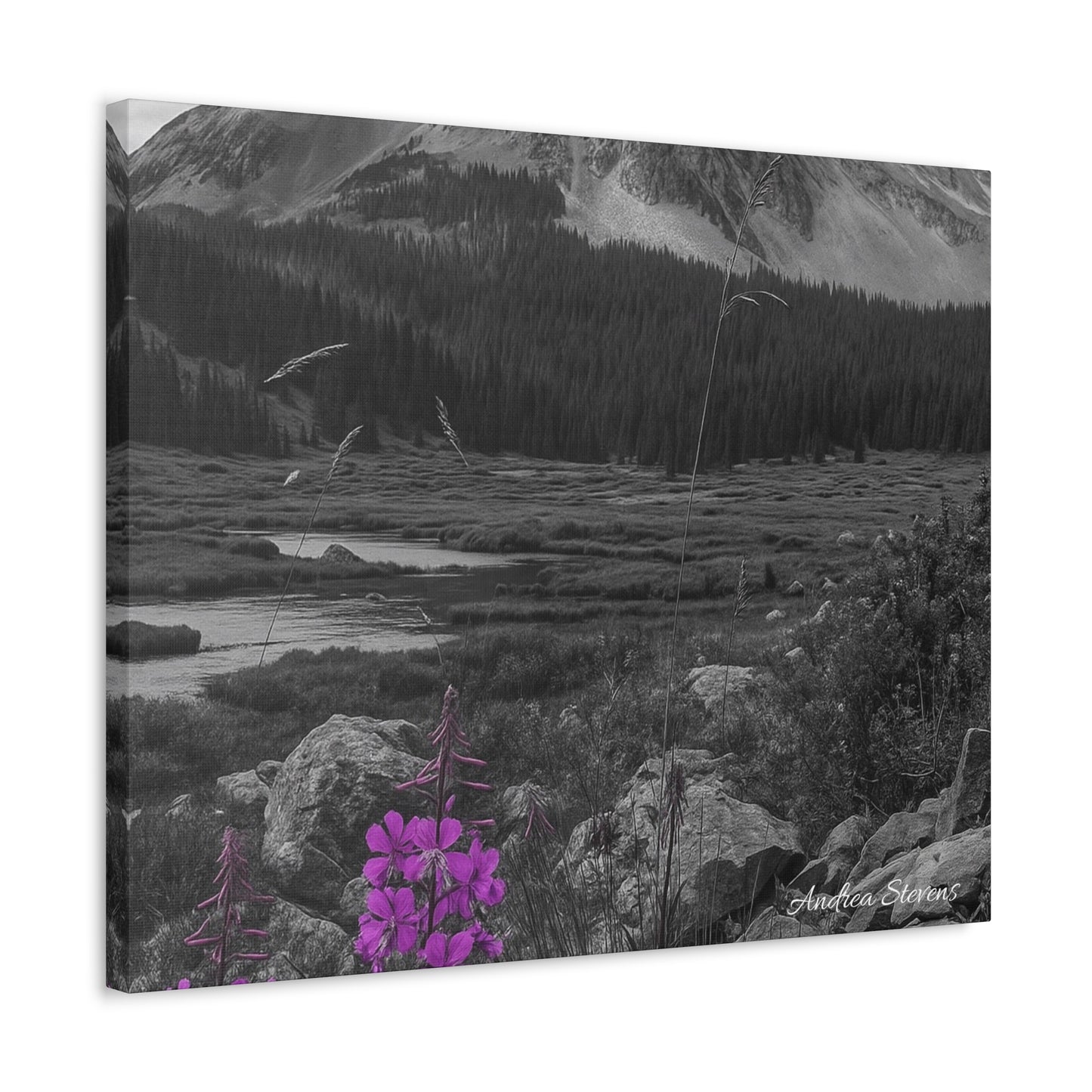 Stretched Canvas Wall Art - Majestic Mountain Landscape with Purple Flowers