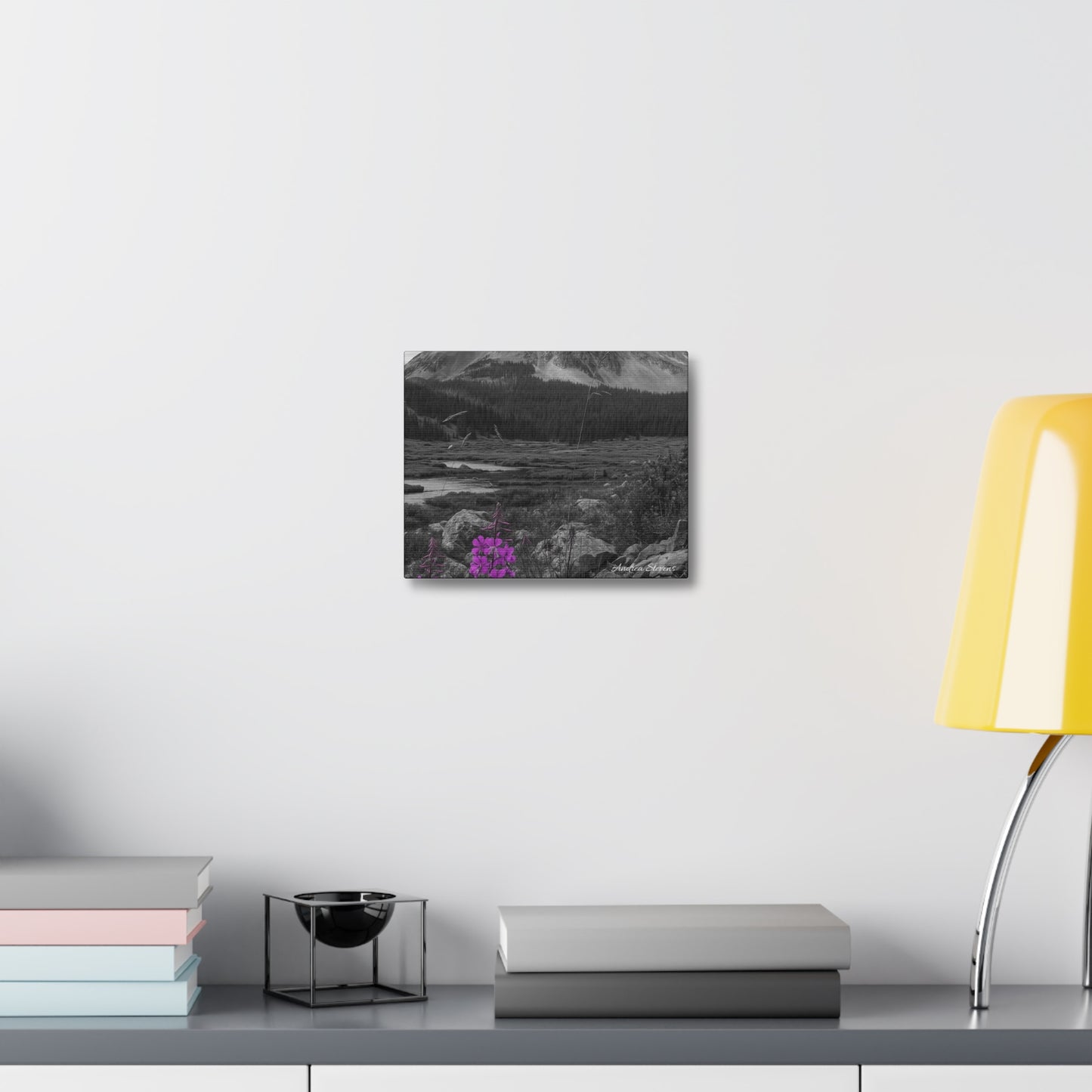 Stretched Canvas Wall Art - Majestic Mountain Landscape with Purple Flowers