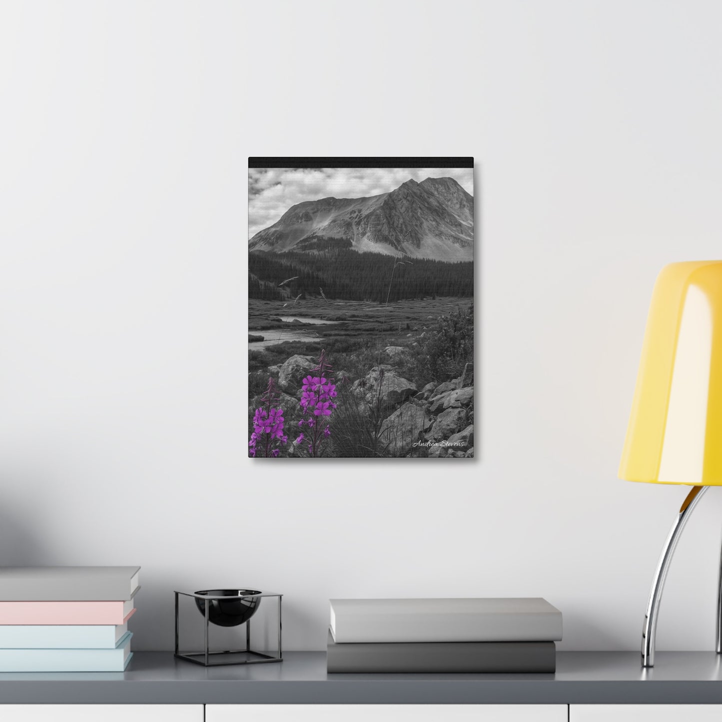 Stretched Canvas Wall Art - Majestic Mountain Landscape with Purple Flowers