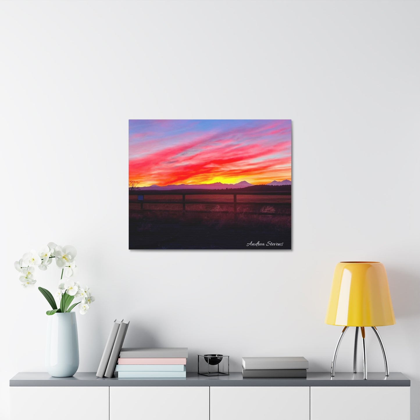 Bend Oregon Three Sisters Sunset Stretched Canvas Art Print - Vibrant Landscape Decor for Home By Andrea Stevens