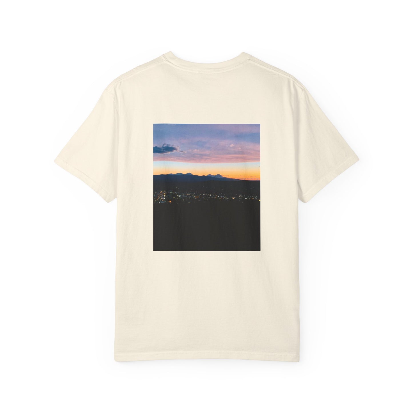 Bend Oregon Pilot Butte Unisex Garment-Dyed T-Shirt with Mountain Sunset Design - Casual Stylish Tee by Andrea Stevens