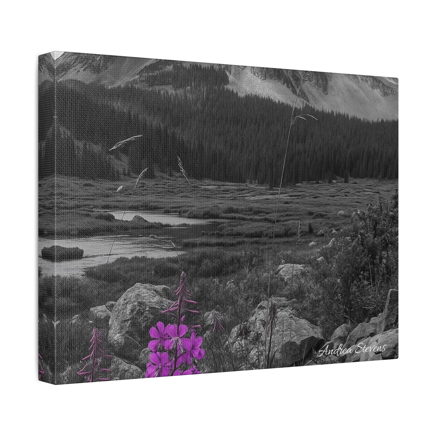 Stretched Canvas Wall Art - Majestic Mountain Landscape with Purple Flowers