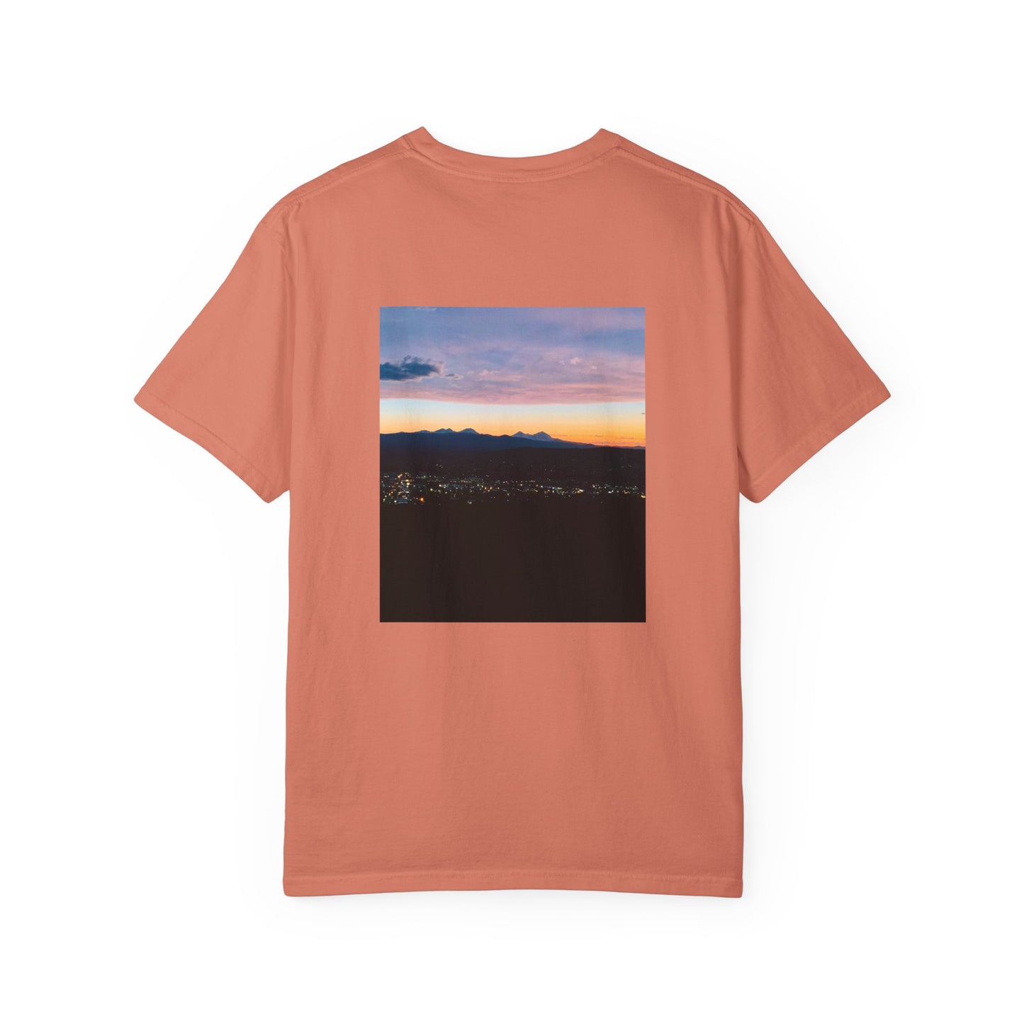 Bend Oregon Pilot Butte Unisex Garment-Dyed T-Shirt with Mountain Sunset Design - Casual Stylish Tee by Andrea Stevens