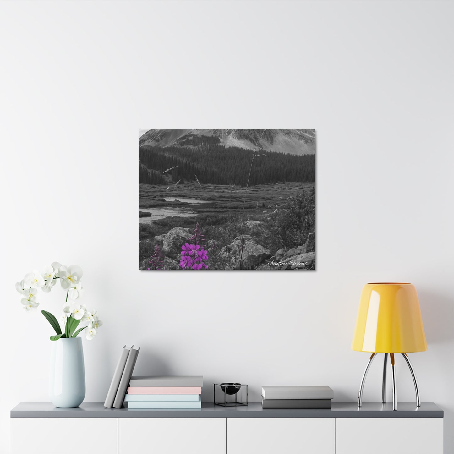 Stretched Canvas Wall Art - Majestic Mountain Landscape with Purple Flowers