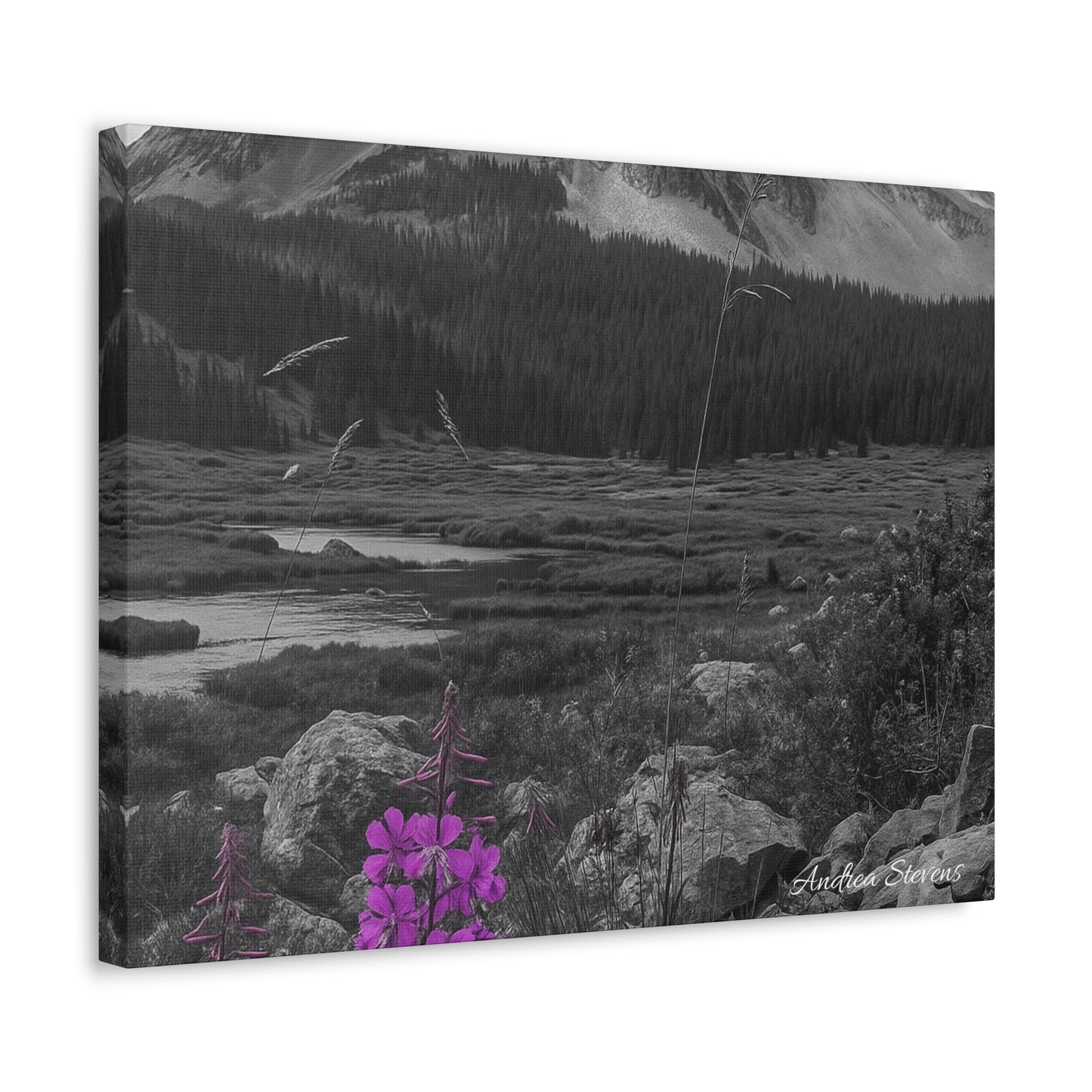 Stretched Canvas Wall Art - Majestic Mountain Landscape with Purple Flowers