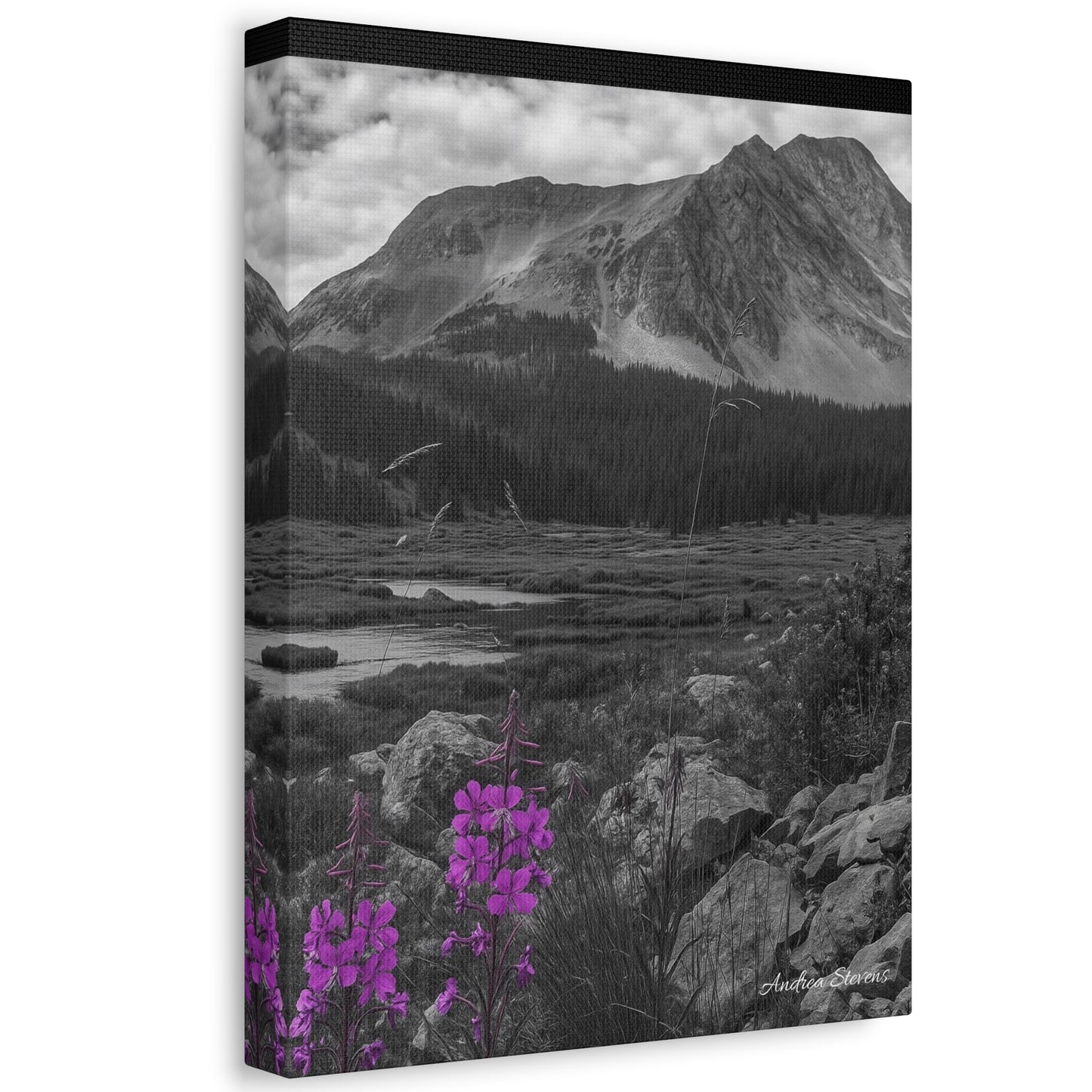 Stretched Canvas Wall Art - Majestic Mountain Landscape with Purple Flowers