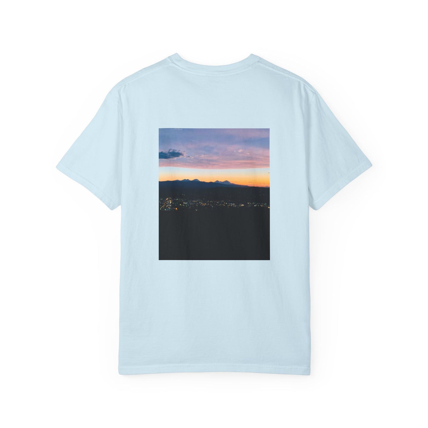 Bend Oregon Pilot Butte Unisex Garment-Dyed T-Shirt with Mountain Sunset Design - Casual Stylish Tee by Andrea Stevens