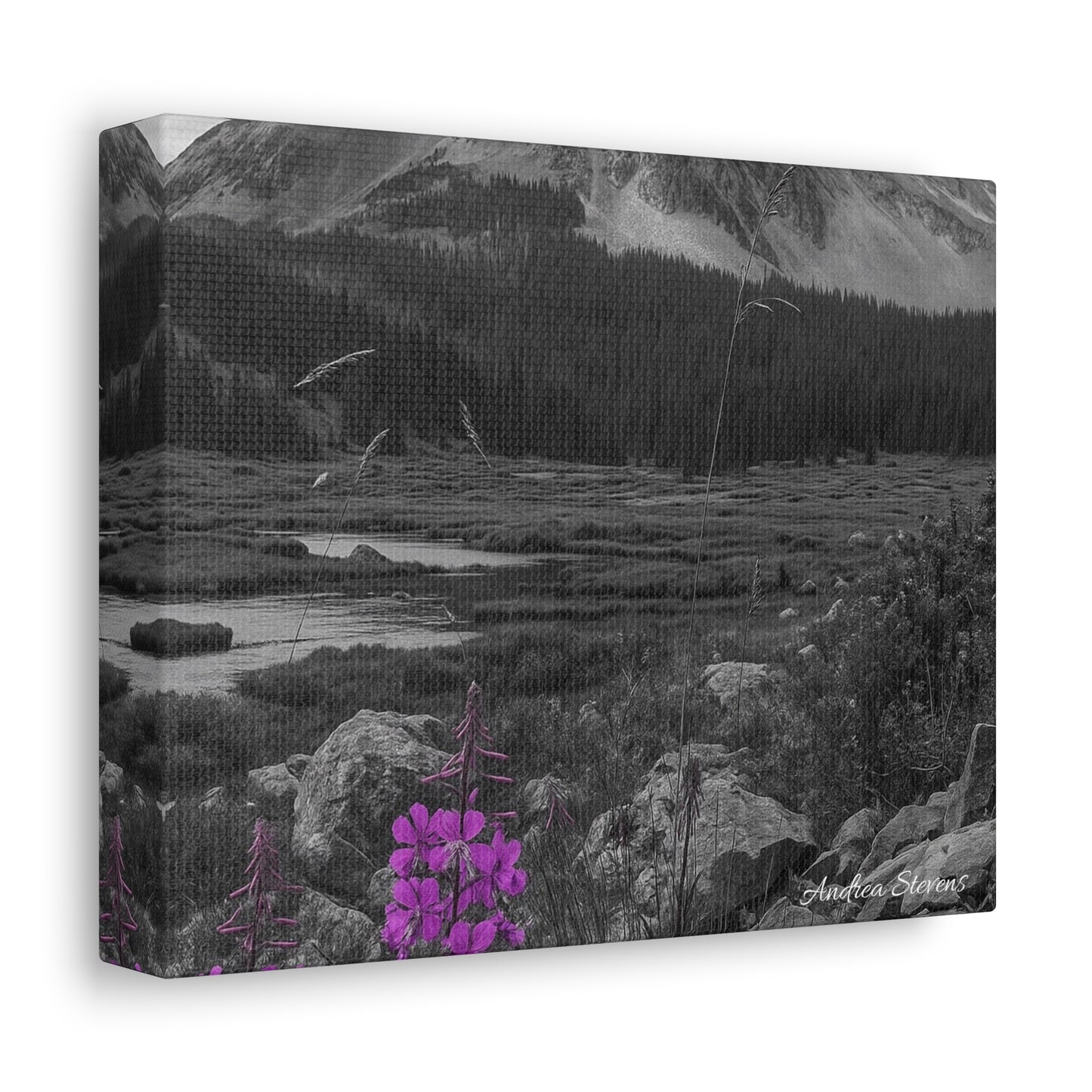 Stretched Canvas Wall Art - Majestic Mountain Landscape with Purple Flowers