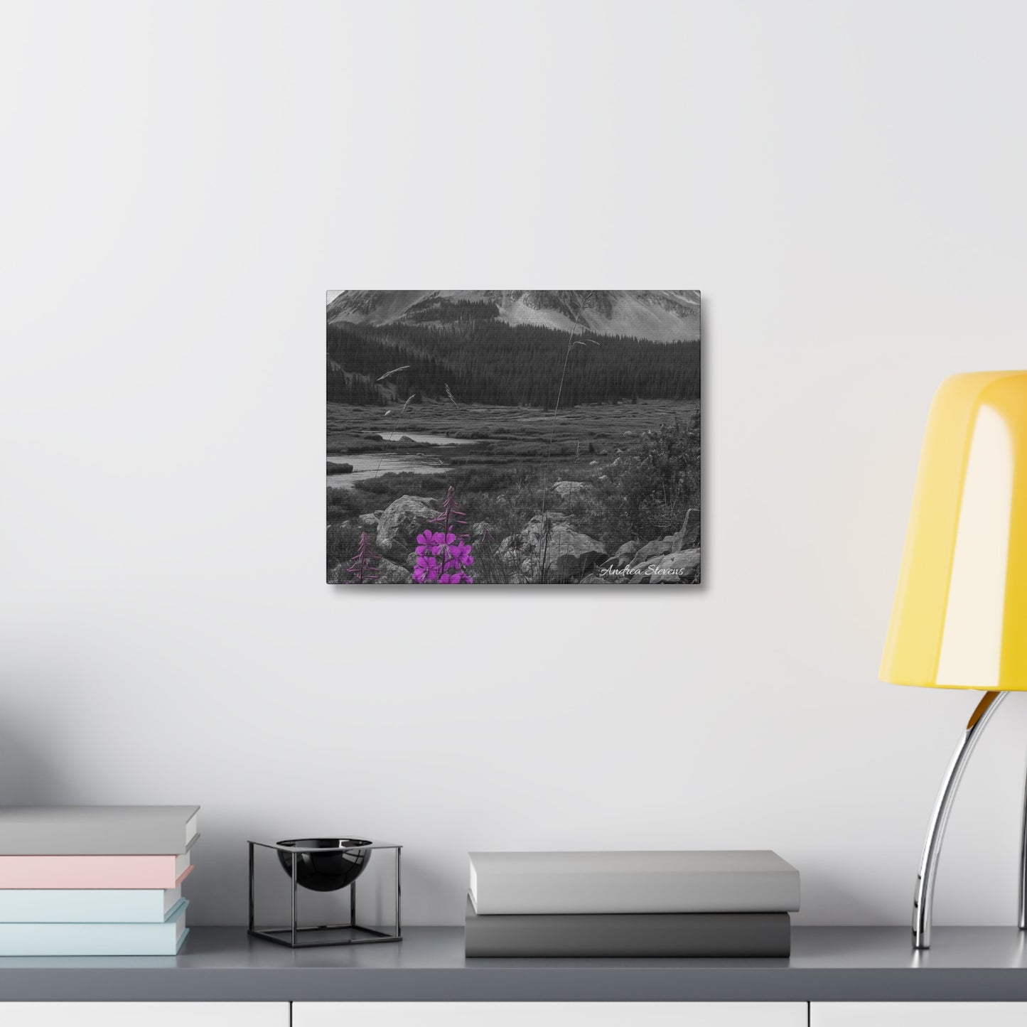 Stretched Canvas Wall Art - Majestic Mountain Landscape with Purple Flowers