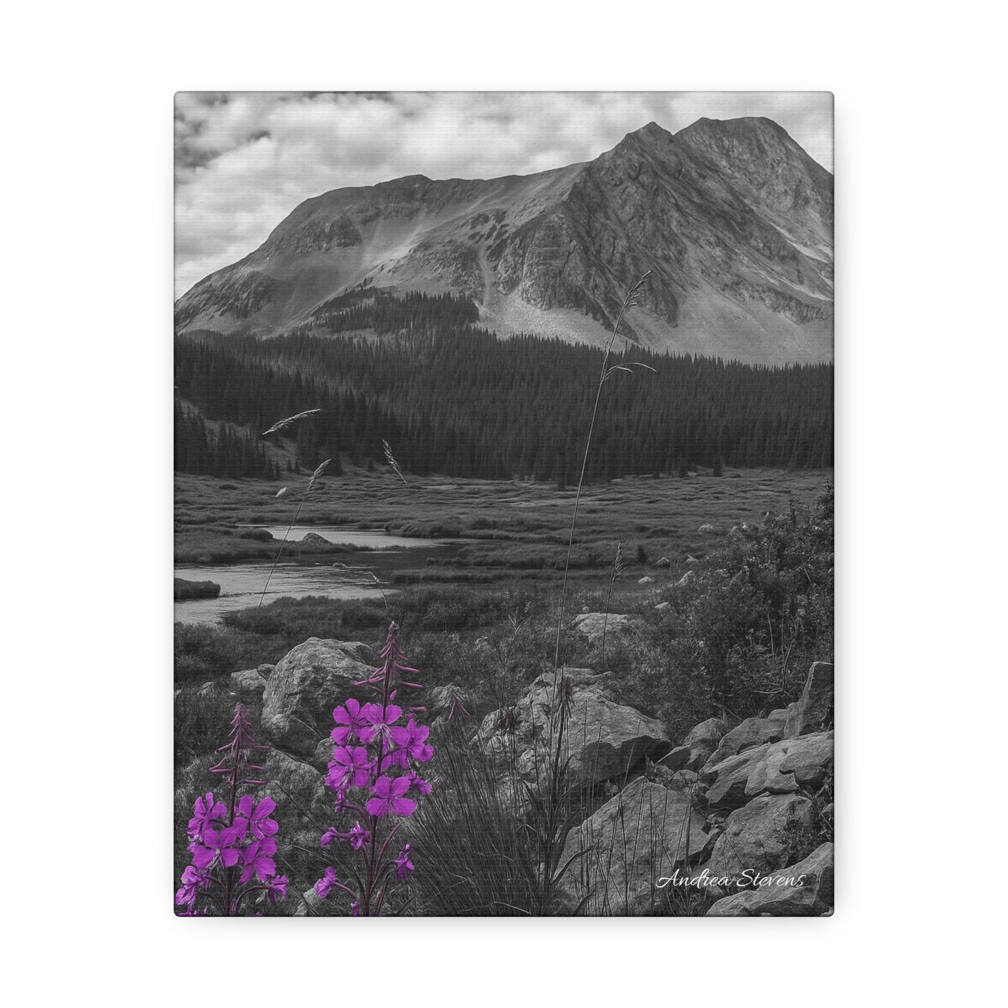 Stretched Canvas Wall Art - Majestic Mountain Landscape with Purple Flowers
