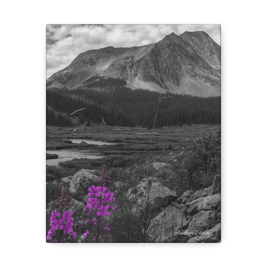 Stretched Canvas Wall Art - Majestic Mountain Landscape with Purple Flowers