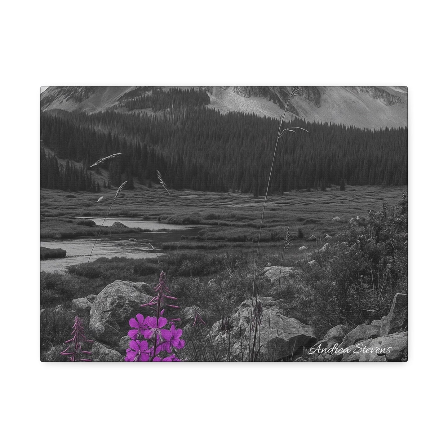 Stretched Canvas Wall Art - Majestic Mountain Landscape with Purple Flowers